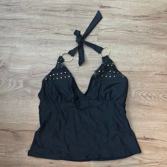 Black Jessica Simpson Swim Halter Top with Gold Accents - Picture 1 of 4